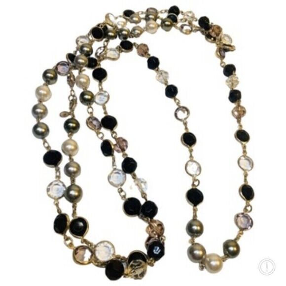 Vintage Black & White Rivoli Beaded Layering Necklace 60" Silver Tone - Picture 2 of 12